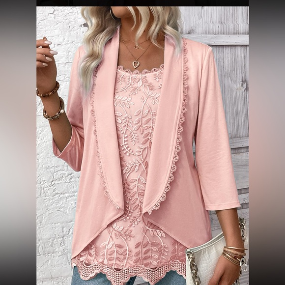 MODLILY ® Light Pink 3/4 Sleeve Fake Two Piece Twinset size L - Picture 3 of 7